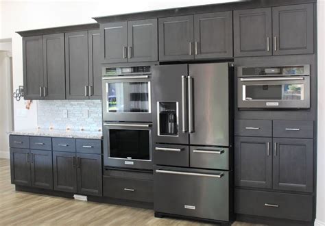 gray cabinets with stainless steel appliances|stainless steel cabinet color schemes.